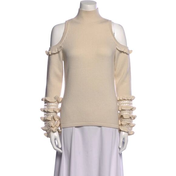 Jonathan Simkhai Cream Cold Shoulder Crochet Ruffle Turtleneck Sweater Top S - Picture 1 of 8